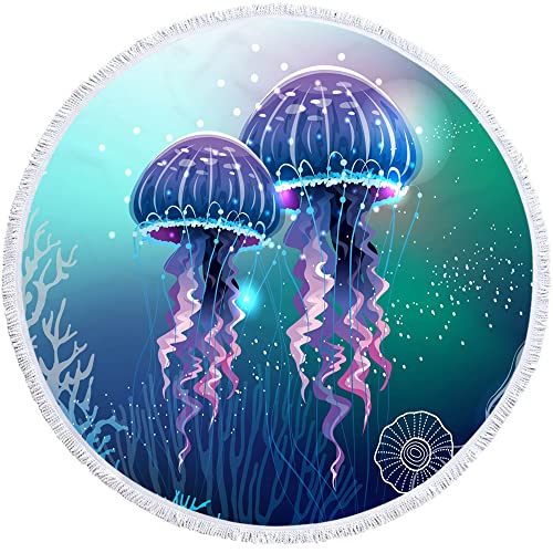 Queenshin Microfiber Round Beach Towels Jellyfish Circular Blanket Fast Dry & Sandproof, Extra Large Holiday Picnic Table Circle Throws 60 Inch With Fringe #TOP1