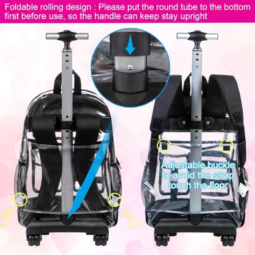 Rolling Clear Backpack for Women, Heavy Duty PVC Transparent Wheeled Bookbag, See Through School Bags with Wheels for Teens Elementary Travel - Black4