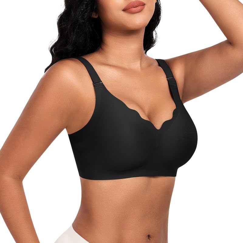 Jiuday Spitzen BH ohne Bügel für Damen Soft Bequemer Nahtloser (Schwarz (Ohne Muster),L)