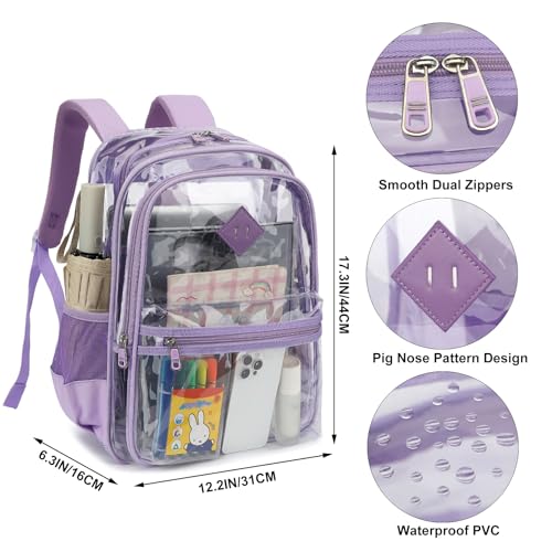 Heavy Duty Clear Backpack for Girls Boys Women Men, Transparent School Backpack PVC See Through Bookbag for Kids Teens Adults (Purple)3