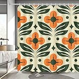MEHOFOND Orange Floral Shower Curtain Vintage Mid Century Modern Abstract Geometric Green Plant Bathroom Curtain Boho Retro Classic 1950S 60S Bathtub Decor Fabric Waterproof Bath Curtain 72x72 Inch