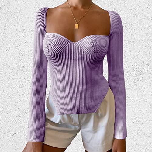 Image of Women's Square Neck Ribbed Knitted Sweater Long Sleeve Crop Slim Fitted Basic Pullover Tops
