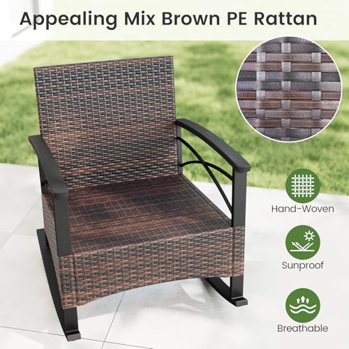 Image of Tangkula 3 Pieces Wicker Outdoor Rocking Chairs Set | Heavy Duty Cushioned Rattan Patio Rocker Bistro Set, 2-Tier Side Table w / Acacia Wood Tabletop, for Porch Balcony Backyard