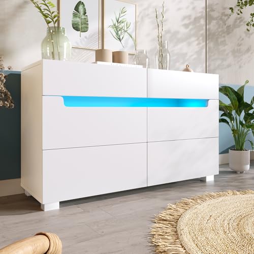 HUMZGHG Cómoda 71 x 120 x 40 cm, aparador de madera con 6 cajones, iluminación LED (App Control), armario multiusos para...