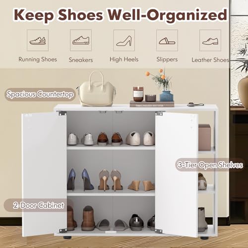 FANTASK Shoe Cabinet with 2 Doors, 80 x 31 x 64.5 cm, Entrance Area with Soft Close & Adjustable Open Shelves, Shoe Chest of Drawers, Shoe Rack for Hallway, Hallway and Living Room (White) - Image 4
