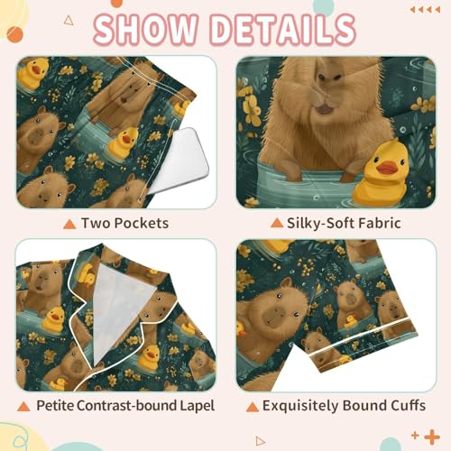 senya Capybara with Duck Bathing Satin Summer Pajama Sets Silk Short Sleeve Button Down Sleepwear3