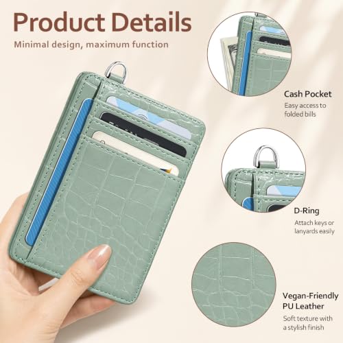 Image of Coco Rossi Crocodile Wallet Women Slim Credit Card Holder with Keychain | Luxury Wallets, Alligator Print, RFID Blocking, ID Case, Small Minimalist, Womens Girls Gift, Light Green Croc
