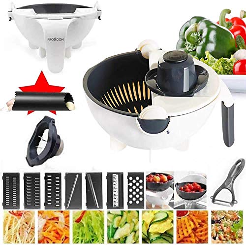 PROXOOM Cortador de Verdura Multiusos 11 en 1. Mandolina de Cocina multifunción. Cortadora, ralladora, picadora con Base de Limpieza y escurridor. Incluye Pelador de Ajos