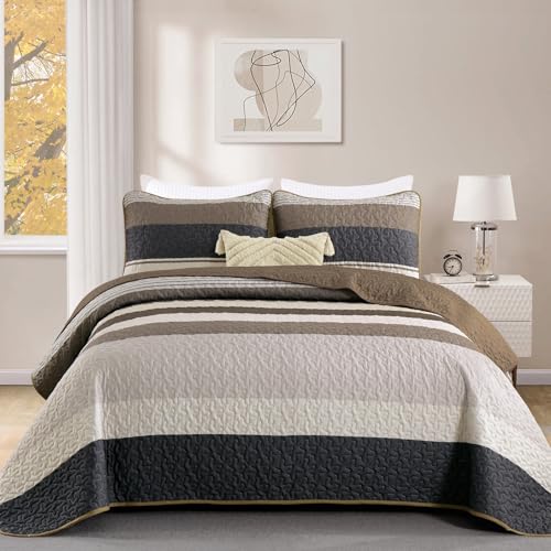 WONGS BEDDING Tagesdecke 220x240 Braun Bettüberwurf Schlieren Decke Steppdecke 3 teilig Doppelbett Gesteppt Bettdecke Mikrofaser Wohndecke mit 2...