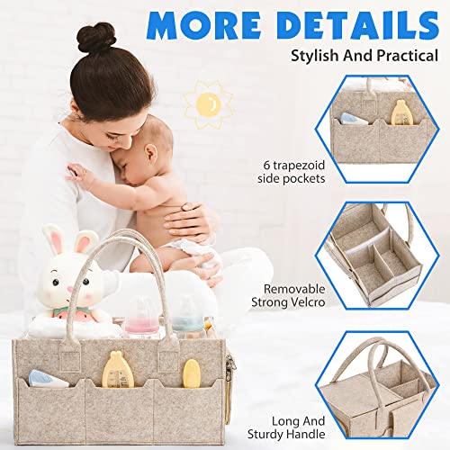 Image of Maliton Felt Diaper Caddy Organizer with Lid - Large, Khaki | 15x9x7 inch Portable Nursery Storage Bin and Car Organizer for Diapers, Wipes. Boy & Girl Shower Gift Basket, Baby Essentials