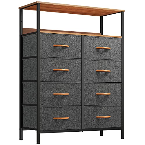 YITAHOME Comoda 8 Cajones,Cajonera de Tela,Sinfonier,Robusta Estructura metálica,Cómoda con Tapa de Madera,Gris Oscuro