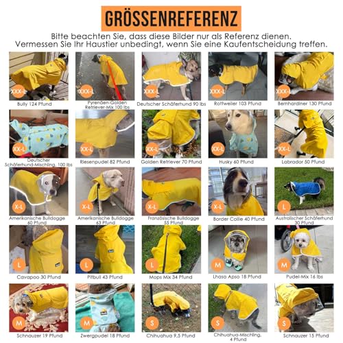 Eyein Wasserdichter Hunderegenmantel, Regenmantel für Große Hunde mit Kapuze und weichem Futter, Verstellbare Hunderegenjacke mit reflektierenden Streifen, Winddicht und leicht, Gelb, XXL