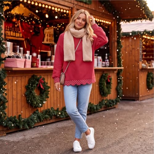 Womens Mock Neck Sweatshirt Patchwork Scalloped Edge Polka Dot Pullover - image 7
