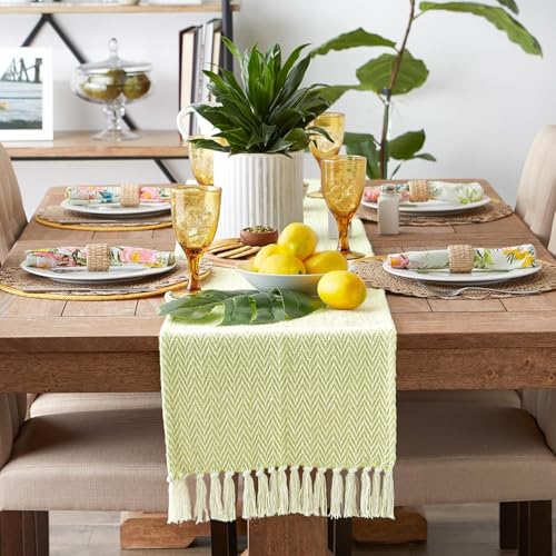 Image of THE HOME TALK Premium Cotton Chevron 4-6 Seater Table Runner - 14x72 Inches - Green|Elegant Dining|Handcrafted Quality|Stylish Console Decor for Dining Table, Parties, Events