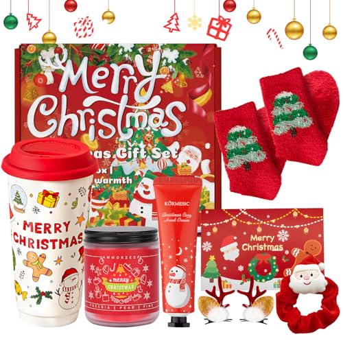 Coffret de Noel, 7 Pièces Coffret Noel Femme con Mug Noel Hiver, Chaussettes de Noël, Crème Mains, Bougie Parfumee, Pince Cheveux Noel, pour les Meilleures Amies, les Sœurs, les Copines et les Mères