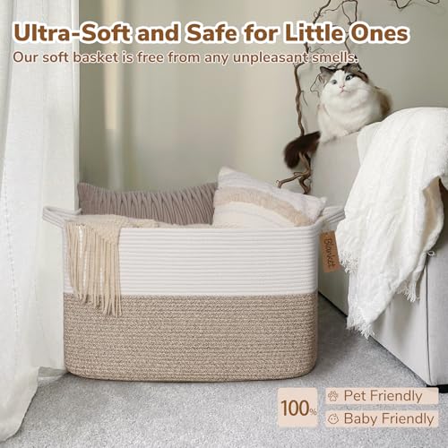 Image of Goodpick 75L Extra Large Woven Rope Blanket Basket, Rectangle, Light Brown | 22 inch x 17 inch x 12 inch Decorative Storage Basket for Blankets, Toys & Clothes, Fits Living Room, Bedroom & Nursery Organization