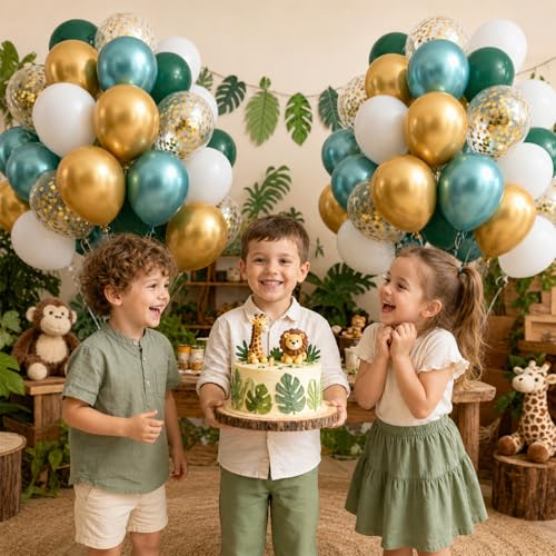 Image of Metallic Green Gold Balloons, 60 Packs 12 Inch Dark Green White Gold Latex Balloons with Ribbons for Wedding, Anniversary, Birthday, Baby Shower, Jungle Sarfari Party