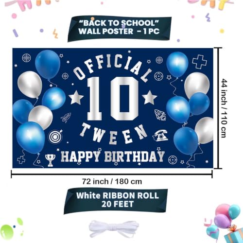Image of Happy 10th Birthday Banner Backdrop 10th Birthday Decorations for Boys | Large Official Tween 10 Year Old Backdrop HBD Party Decorations Supplies, Navy Blue Silver