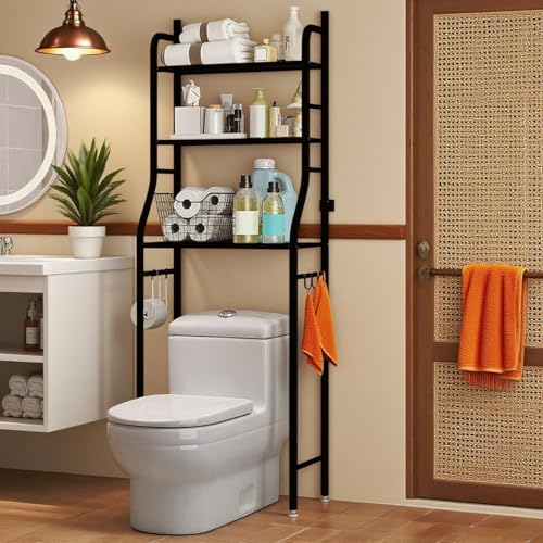 MilleLoom 3 Tiers Over The Toilet Shelf, Metal Floor-Standing Toilet Shelf with Removable Towel Hooks&Paper Holder, for Bathroom Laundry, Black by MilleLoom - Used condition - CA$17.54