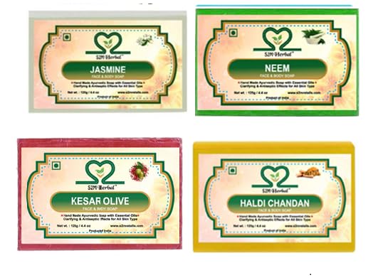 Image of Handmade Soap Combo Kit - Pack of 4 (Haldi Chandan, Neem, Kesar Olive, Jasmine Soap) (|Gift Pack For Glowing Skin | (4 x 125g) (4 x 125 g)