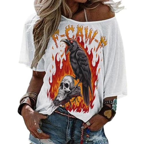 Retro Caw Black Raven Crow Skull Women's Off Shoulder T Shirt Loose Fit Casual Blouse Chic Batwing Sleeve Slouchy Tops
