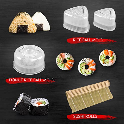 SKYSER Sushi Maker set, 20 Artikel Kit für Anfänger zum selber machen, Kann als Sushiteller verwendet werden mit Reis Roll Formen, Gabel, Messer, Rolling Matte, Stäbchen, Komplett(Schwarz) 4