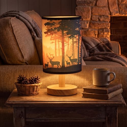 VIHOSE Rustic Deer Table Lamp Brown Forest Lampshade Nightlight with Wood Base 16 Color Dimmable Led Fabric Shade Bedside Desk Lamp for Living Room Bedroom Home Decor Office Birthday Gifts