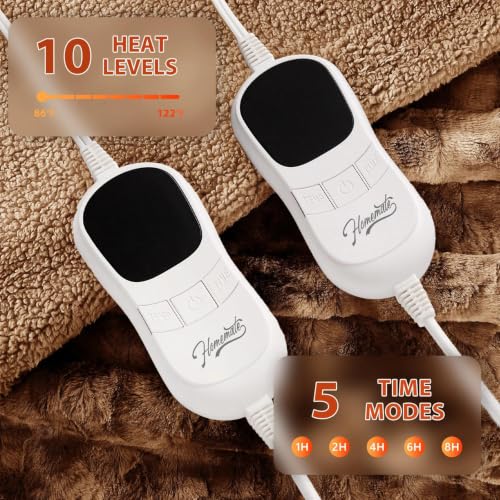 Image of Homemate Electric Heated Heating Blanket King Size 100 inchx90 inch Dual Control | ETL Certified 2 /4 /6 /8H Auto-Off 10 Heat Level Overheat Protection Machine Washable FauxFur Sherpa,Cold Room Cold Sleeper Gift