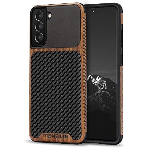 TENDLIN Compatible with Samsung Galaxy S21 Case Wood Grain with Carbon Fiber Texture Design Leather Hybrid Case Black Cover