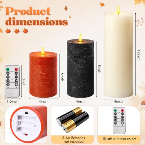Image of 3 Pcs 6 /8 /12 Inches Fall Flameless LED Candles with Remote and 2 /4 /8h Timer Orange Black White Battery Operated Wax Flickering Candles for Thanksgiving, Halloween, Harvest Party Home Decor