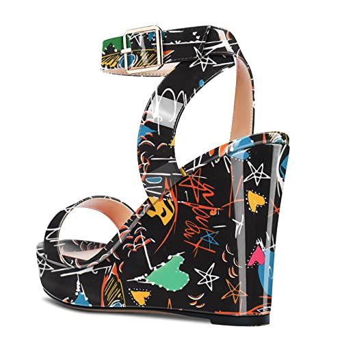 Image of Aachcol Women Platform Wedge Sandals Round Peep Open Toe Ankle Strap Slingback Two-Piece Chunky Block High Heel Dress Shoes Pumps Party Patent 4 Inch