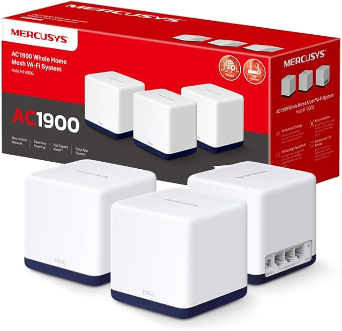 Mercusys HALO H1900G - AC1900 Mesh Wi-Fi, Doble Banda, Cobertura hasta 550 m², 3× Gigabit Puerto por Unidad, MU-MIMO, Beamforming, Control Parental, Smart Connect, 3-Pack