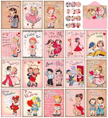 Quera 36 Pcs Vintage Valentine's Cards Traditional Retro Kids Pink Postcards Blank Greeting Cards with Envelopes for Kids Classroom Party Wedding Favors, 6 x 4 Inches,18 Styles