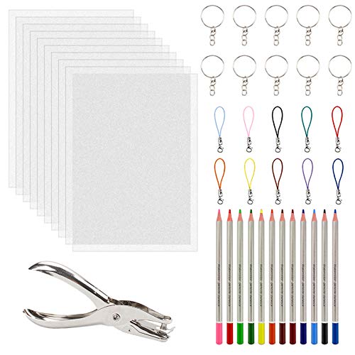 YUEYUAN 43 Stück DIY Schlüsselanhänger Schrumpffolie Schrumpffolien-Set mit Schrumpffilm Wachsmalstift Locher Schlüsselring und Lanyard, DIY Handwerk für Kinder Craft