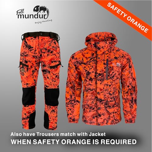 Full mundur Outdoorjacke, Orange Camo Jagdjacke, Wanderjacke, leichte Übergangsjacke, winddichte Jacke, wasserdichte Regenjacke, atmungsaktive Funktionsjacke mit abnehmbarer Kapuze für Herren