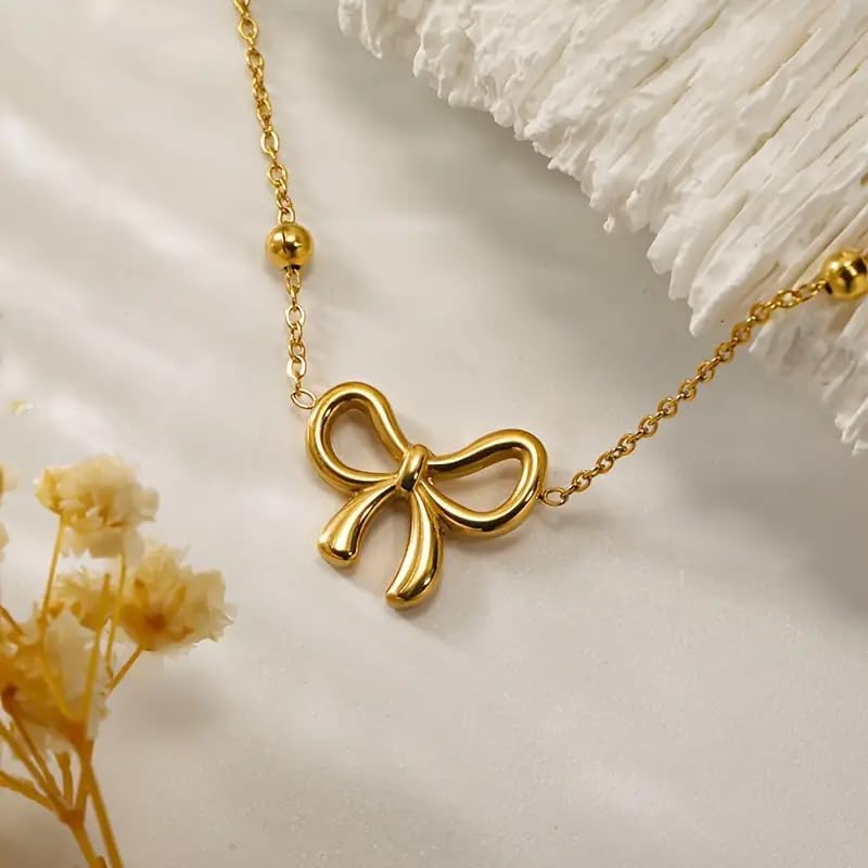 Image of Bow Necklace Set For Women Stylish | Anti Tarnish Waterproof Stainless Steel Chain Pendant Necklaces Jewelry for Love | Gold Plated Jewellery Accessories for Woman & Girls | Birthday Gift for Wife & Girlfriend