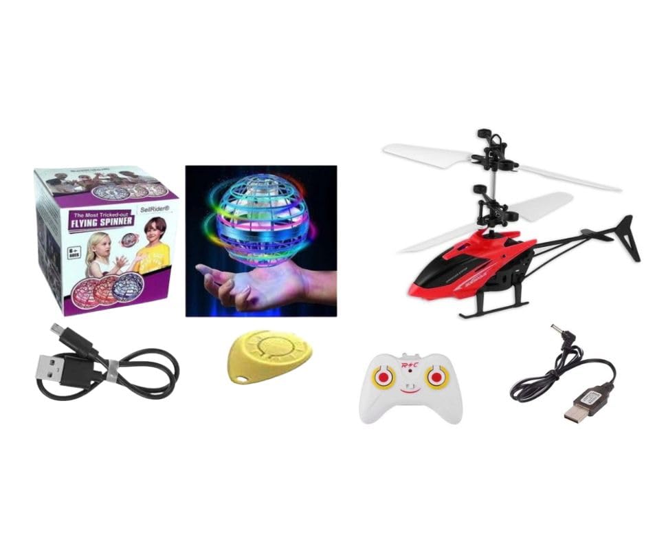Image of Flying Toy Combo | Infrared Induction RC Helicopter with 3D Lights + USB Rechargeable RGB Boomerang Spinner Ball | Gravity Control Indoor & Outdoor Fun Toys for Kids
