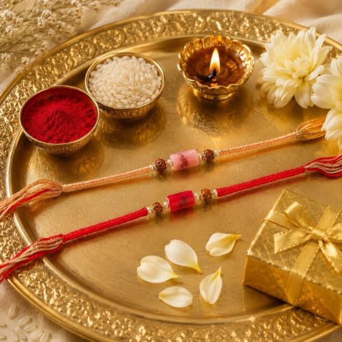 Image of Pack of 2 Japanese Design Rakhi for Bhai | Handmade Raksha Sutra Dhaga Bracelet | Stylish Designer Rakhi Set with Roli Chawal & Greeting Card