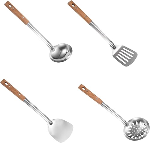 TEHAUX Juego de utensilios de cocina de acero inoxidable de 4 piezas con asas de madera, espátula multifuncional para wok, cuchara ranurada,