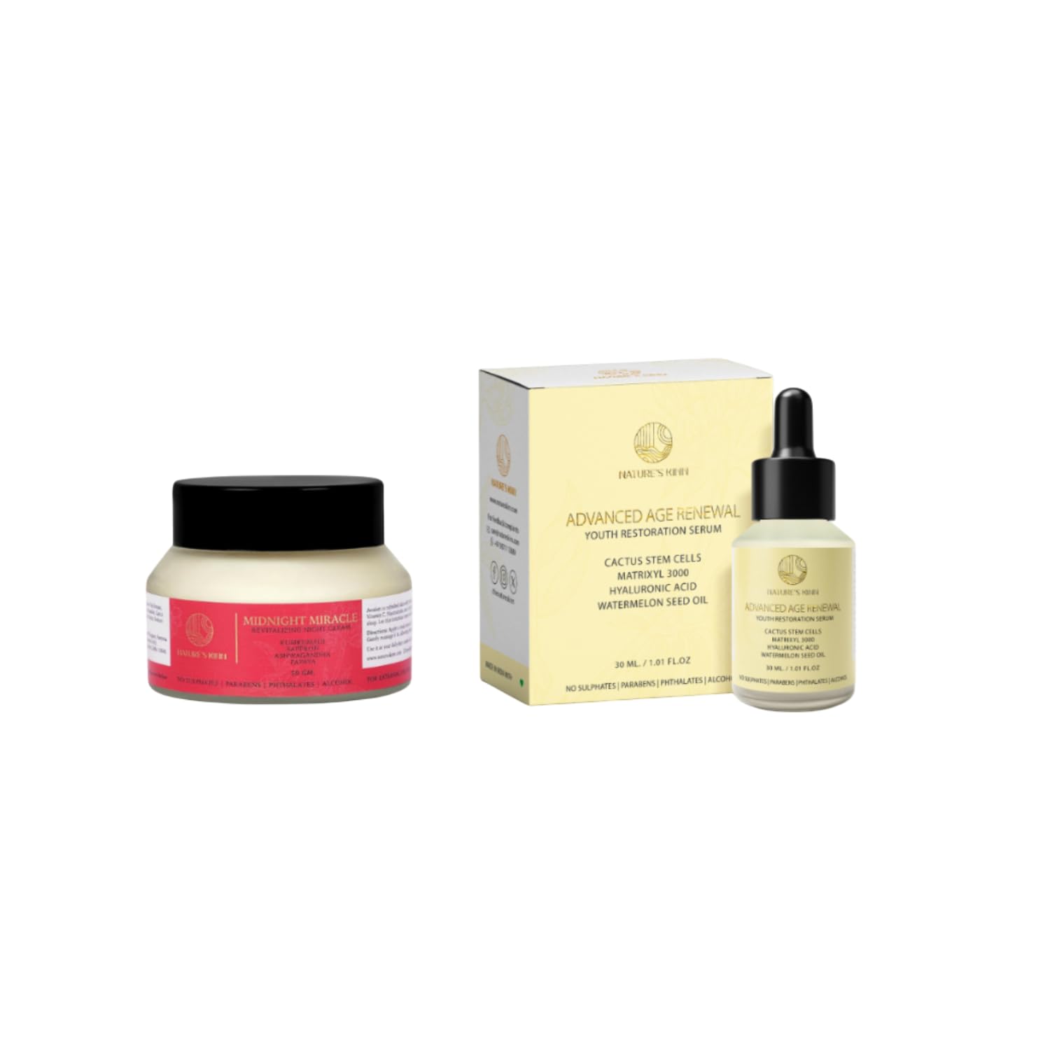 Nature’s Kinn Midnight Miracle Night Cream & Advanced Age Renewal Serum Combo | Anti-Aging, Hydrating & Firming | With Saffron, Ashwagandha, Matrixyl 3000 & Hyaluronic Acid | 50gm + 30ml (Pack of 2)