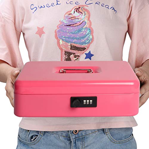Metal Cantilever Cash Box with Key Lock, Decaller Large Lock Money Box - 5 Compartments with Cover & 4 Spring-Loaded Clips for Bills, Pink, 11 4/5\" x 9 2/5\" x 3 1/2\"