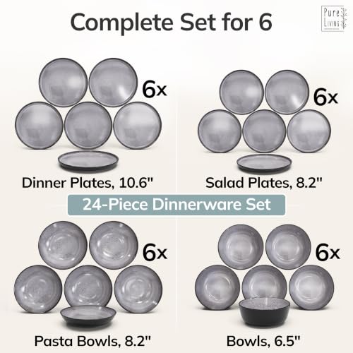 Image of 24 Piece Stoneware Dinnerware Set for 6, Handmade Plates and Bowls Set | Reactive Glaze Coating, Dishwasher & Microwave Safe Dish Set, Chip & Scratch Resistant Dishware Set, Ibiza Dark Gray