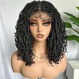 SOKU Curly Faux Locs Lace Frontal Wig 14 Inch Natural Black 4x4 Large Double-lace Twist Dreadlock Wigs for Black Women Afro Curly Braided Synthetic Wig