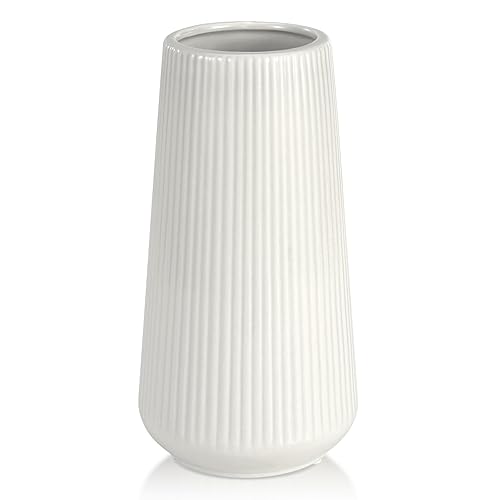 White Ceramic Vase for Flowers, Tall Home Decor Vase with Ribbed Texture, Vases for Centerpieces, Farmhouse Decor, Living Room, Decor Bedroom, Table, and Kitchen Shelf (XL White) - XL White