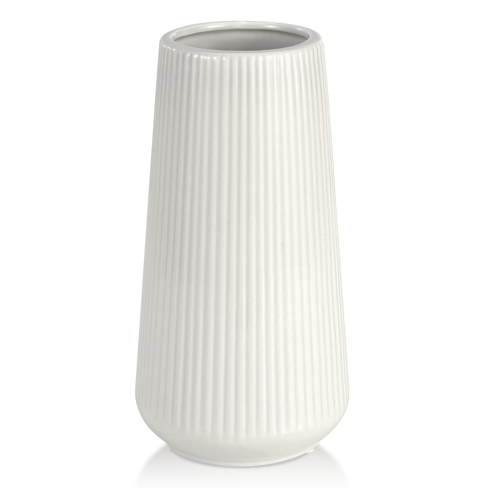 White Ceramic Vase for Flowers, Tall Home Decor Vase with Ribbed Texture, Vases for Centerpieces, Farmhouse Decor, Living Room, Decor Bedroom, Table,