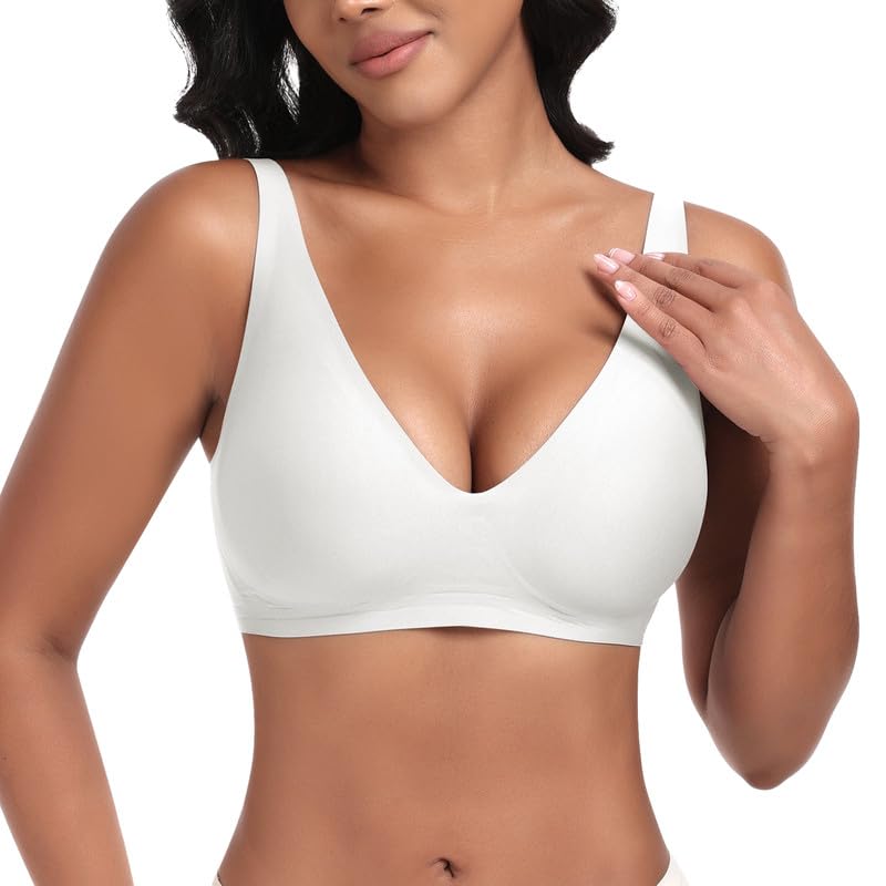 Jiuday Tiefer V Push Up BH ohne Bügel for Damen Bequemer BH für Große Brüste Starker Halt Seamless Soft Bra Bügelloser Gepolstert Nahtloser Glatter Bralette (Tief V Weiß,XL)
