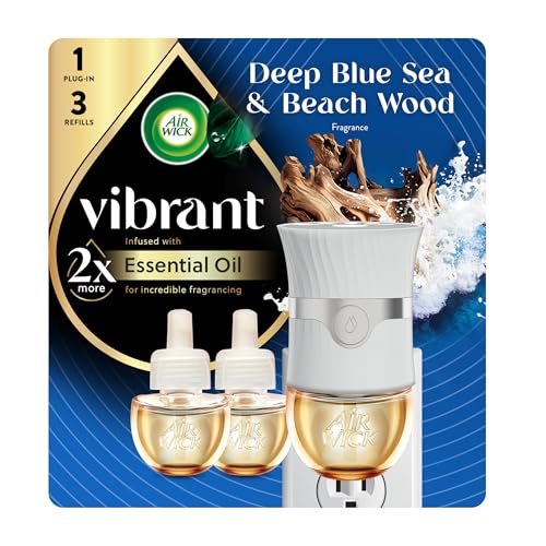 Image of Air Wick Vibrant Plug In Scented Oil Warmer + Refills, Infused with Essential Oils, Plug In Air Fresheners for Home, Deep Blue Sea & Beach Wood, Gadget + 3 ct