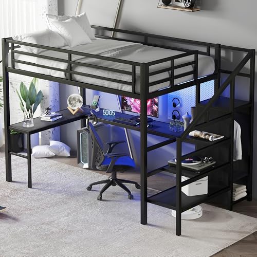 Full Loft Bed with Stairs, Desk, Wardrobe, Charging, Light