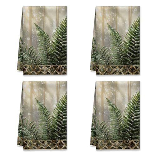 Fern - Juego de 4 toallas de cocina con hojas rústicas naturales, gotas de agua, microfibra verde primavera, toallas de mano de secado rápido, esenciales para cocinar, 16 x 24 pulgadas