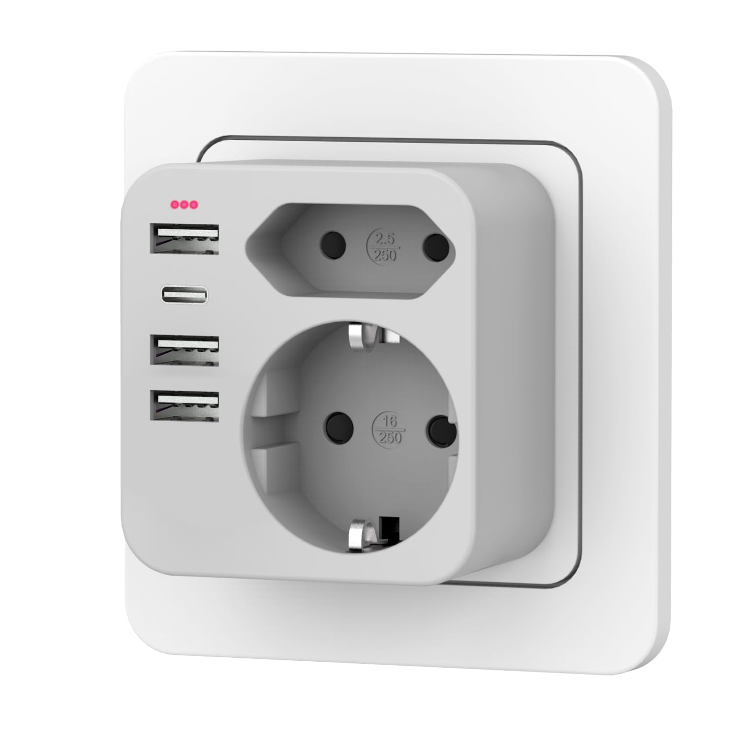 Mehrfachsteckdose mit 4 USB Ports, Mehrfachstecker für Steckdose mit 2 Fach Stecker, Steckdosenadapter mit USB C Port, Doppelstecker für USBC Steckdose, Steckdosenleiste (red)